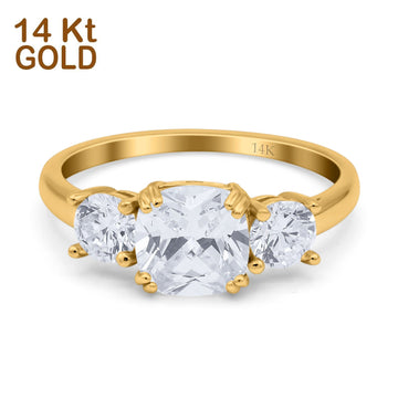 14K Yellow Gold Cushion Three Stone Bridal Wedding Engagement Ring Simulated CZ Size-7